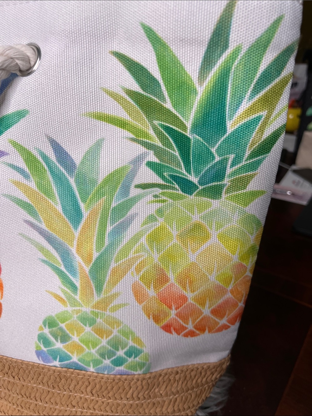Island Hawaii Tropical Straw & Canvas Pineapple Print Tote Bag with Rope Handle - Picture 13 of 16